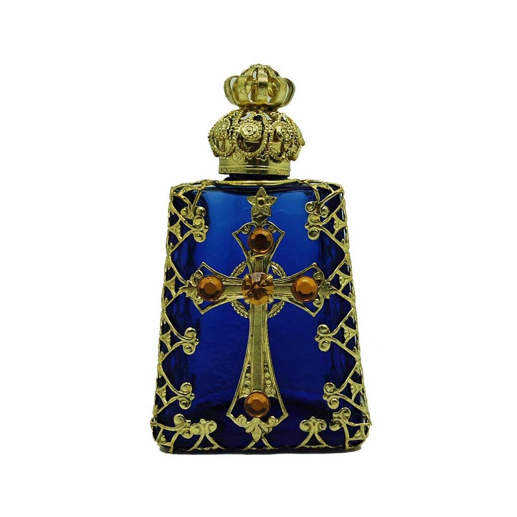 Jeweled Decorative Blue Christian Cross Perfume Oil Bottle
