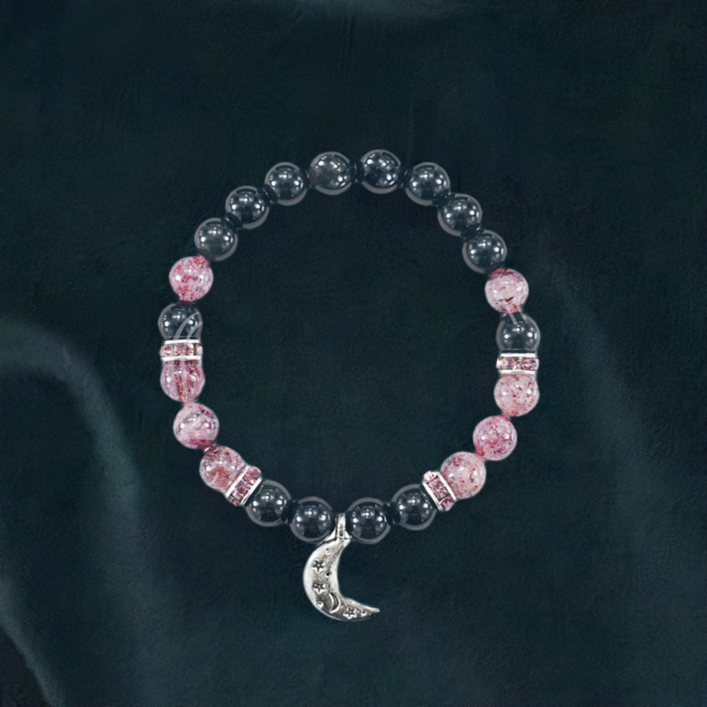 Rainbow Obsidian and Strawberry Quartz Crescent Moon Bracelet