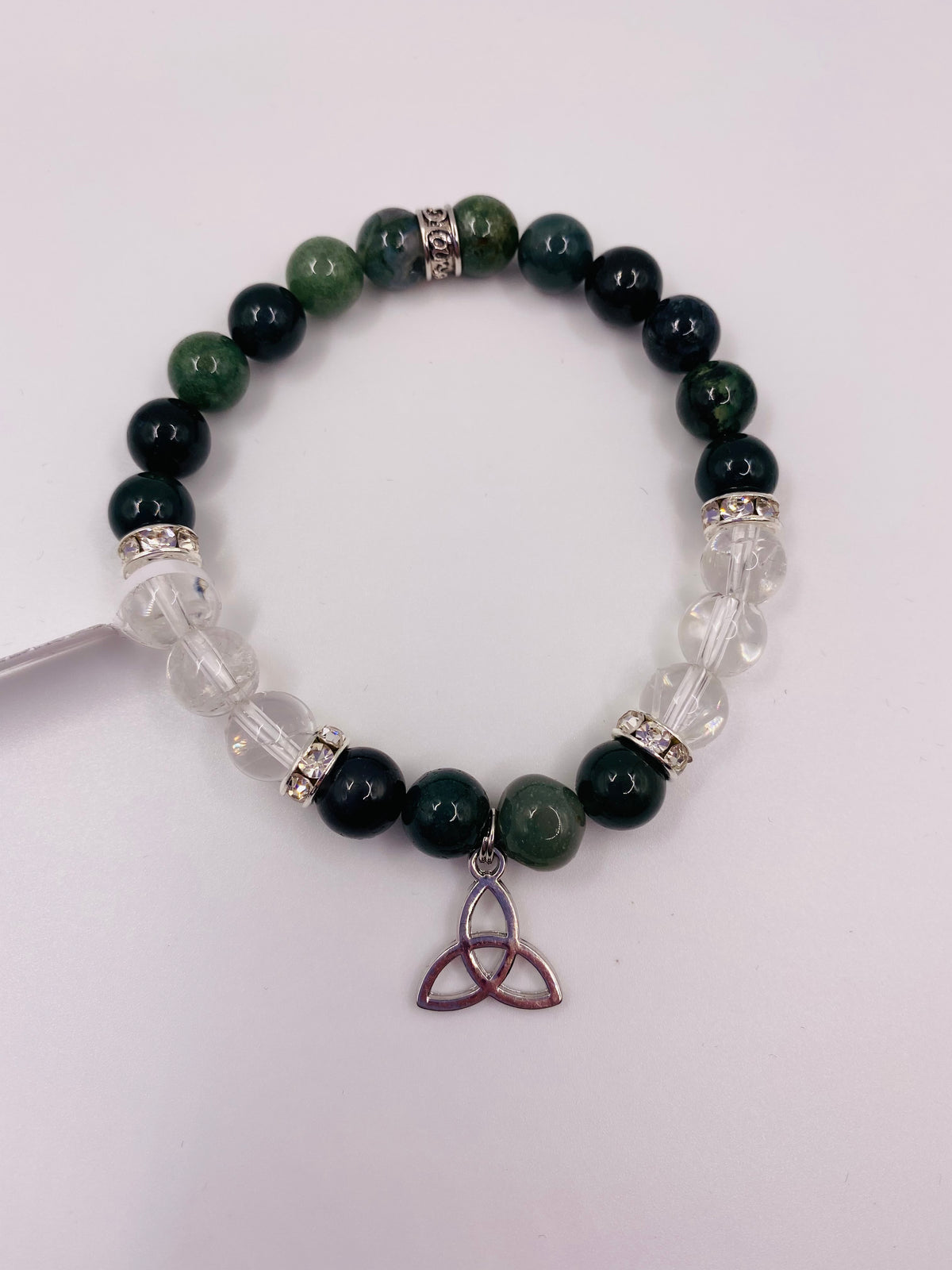 Celtic Triquetra Bracelet with Green Moss Agate and Clear Quartz