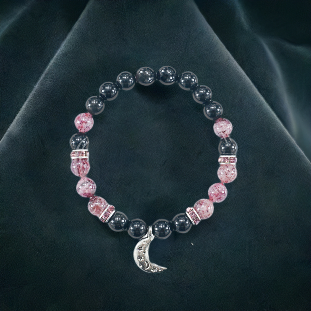 Rainbow Obsidian and Strawberry Quartz Crescent Moon Bracelet