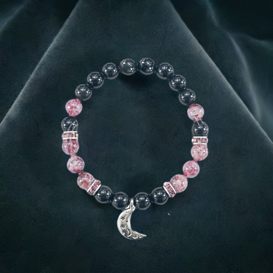 Rainbow Obsidian and Strawberry Quartz Crescent Moon Bracelet