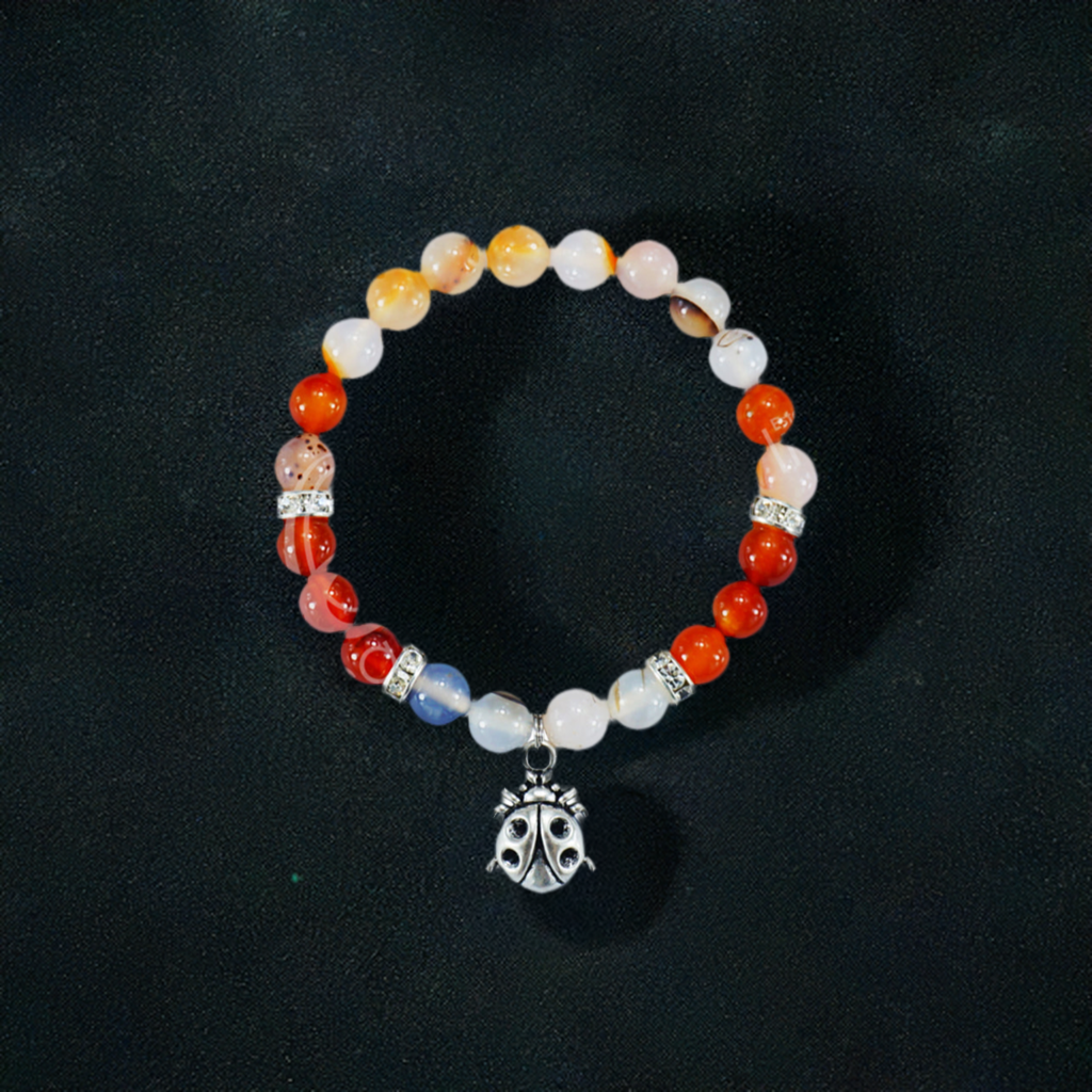 Ladybug Dendritic Agate &amp; Red Agate Gemstone Bracelet