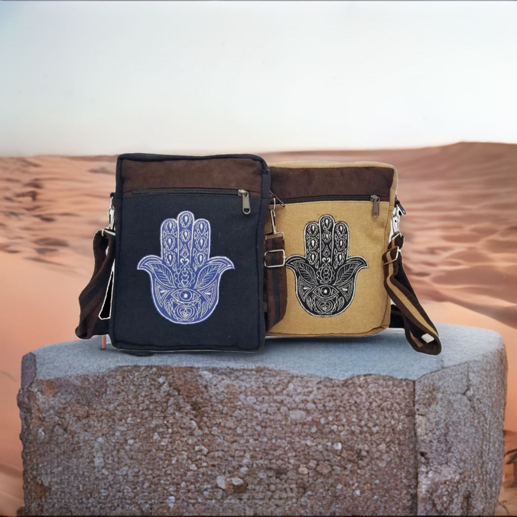 Hamsa Messenger Bag - Black with Blue Hamsa Design
