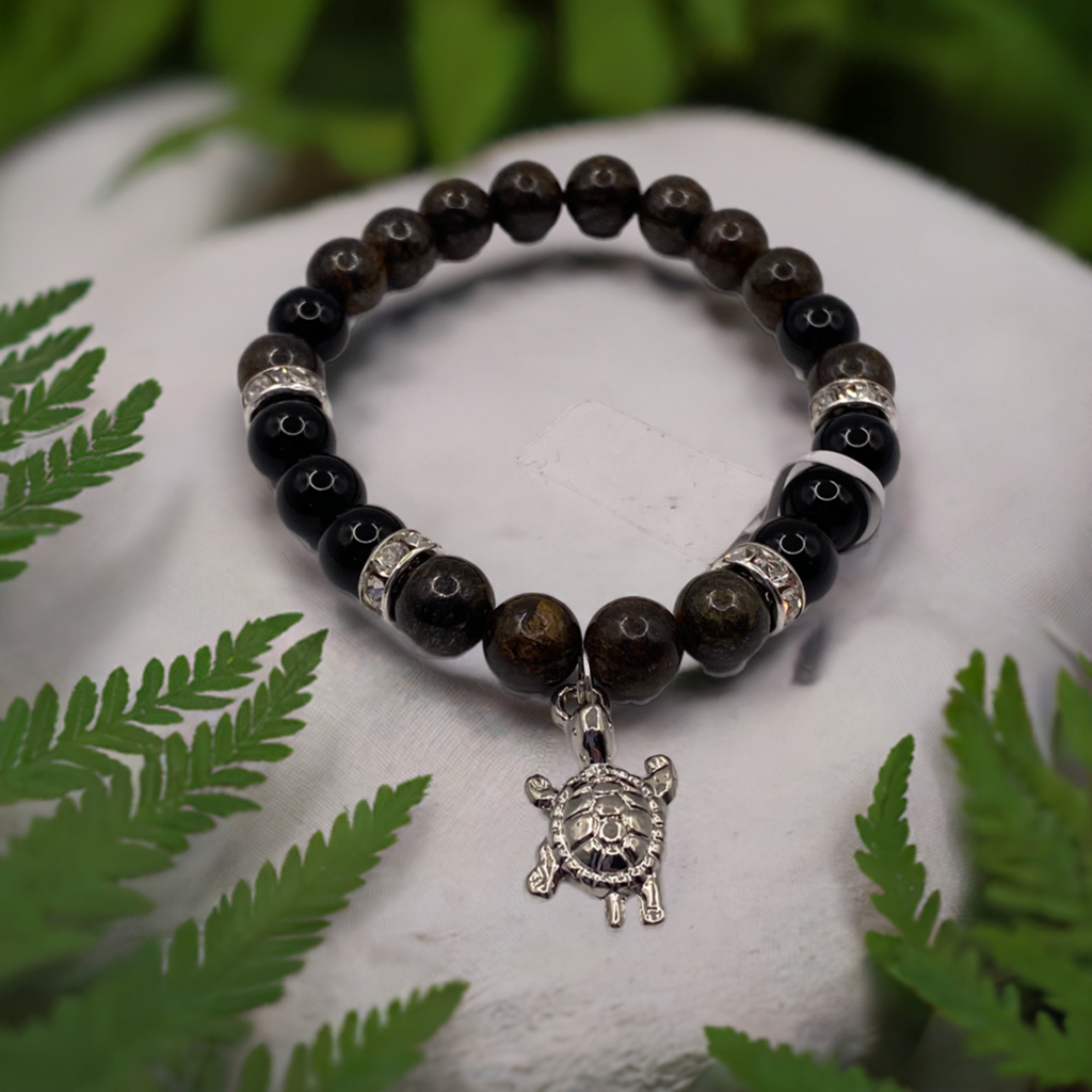 Turtle Charm Bracelet – Bronzite and Rainbow Obsidian