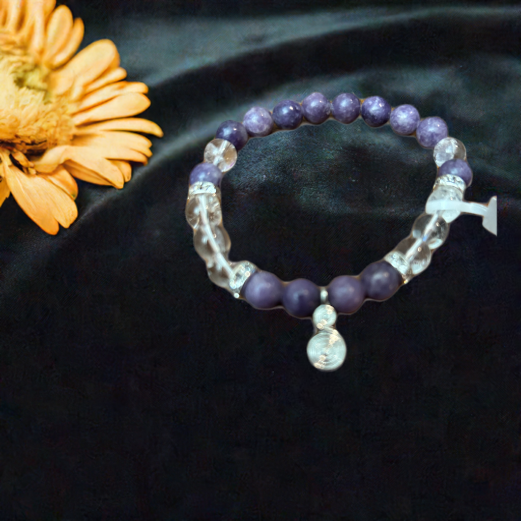 Lepidolite & Clear Quartz Spiral Charm Bracelet