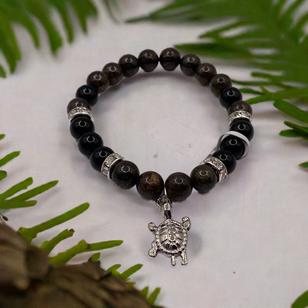 Turtle Charm Bracelet – Bronzite and Rainbow Obsidian