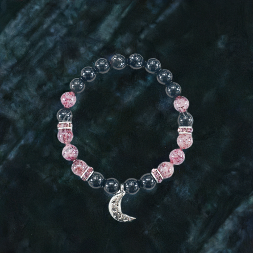 Rainbow Obsidian and Strawberry Quartz Crescent Moon Bracelet