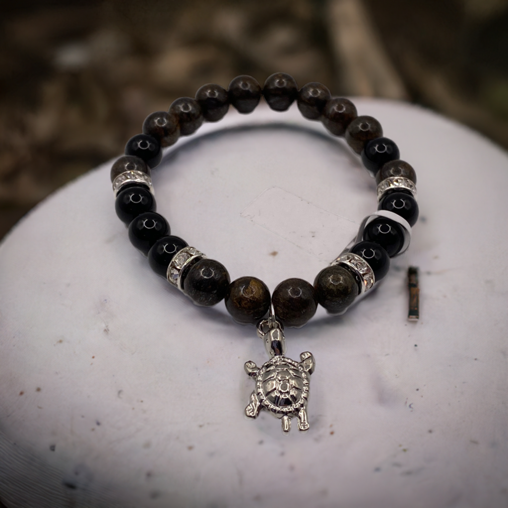 Turtle Charm Bracelet – Bronzite and Rainbow Obsidian