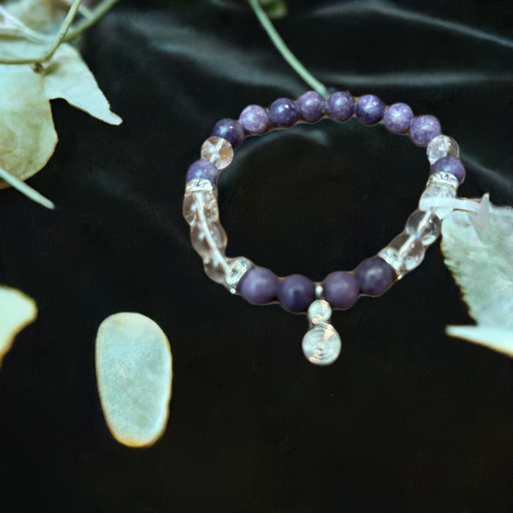 Lepidolite & Clear Quartz Spiral Charm Bracelet