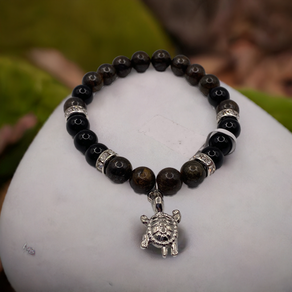 Turtle Charm Bracelet – Bronzite and Rainbow Obsidian