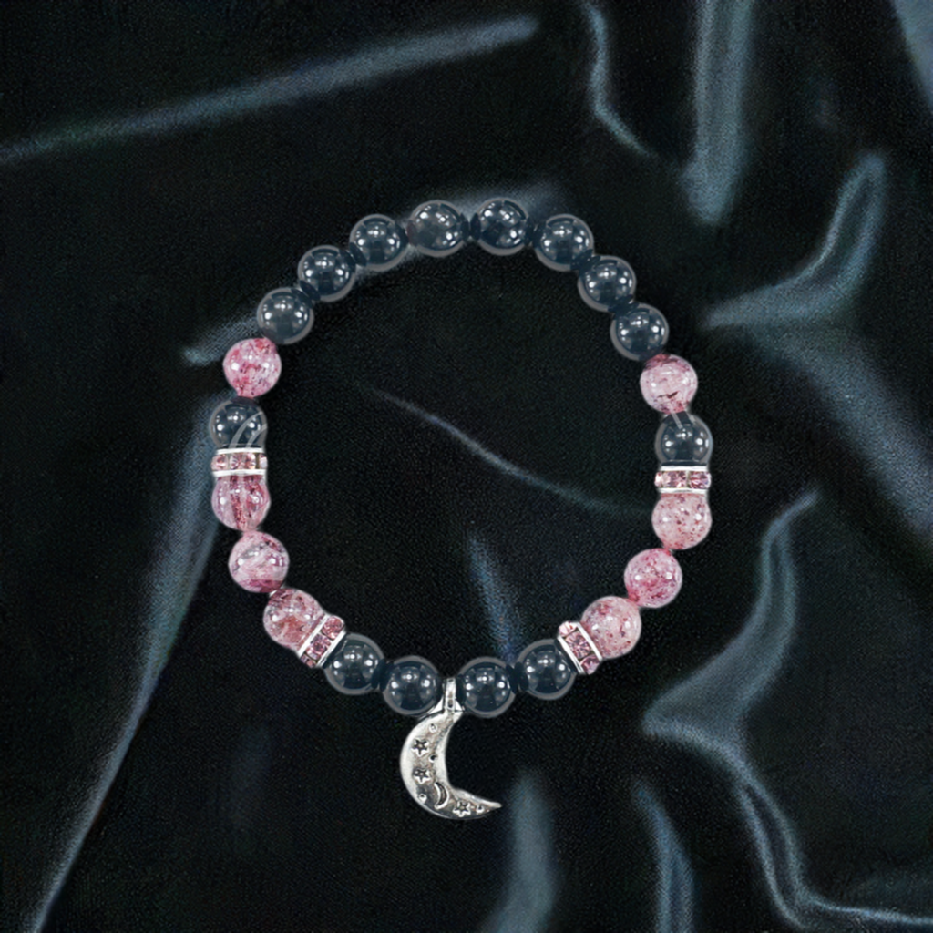Rainbow Obsidian and Strawberry Quartz Crescent Moon Bracelet
