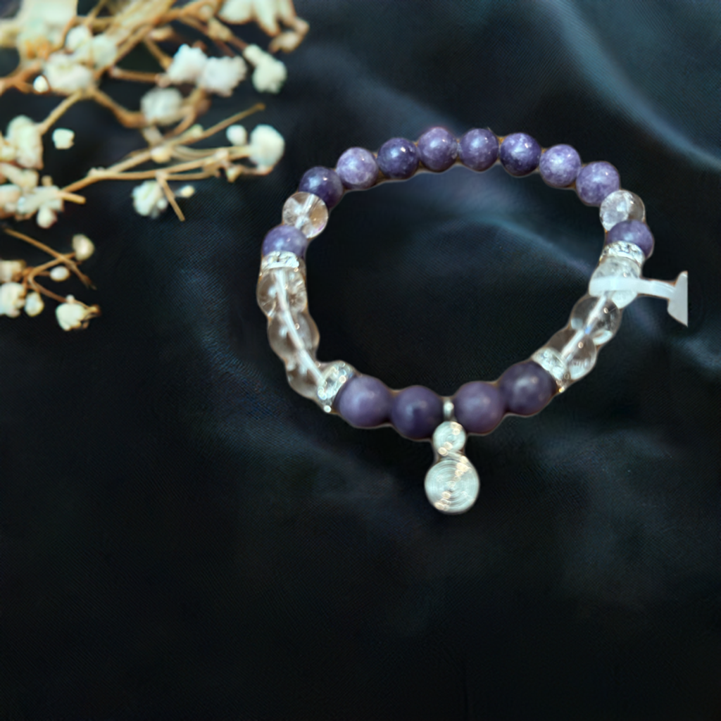 Lepidolite & Clear Quartz Spiral Charm Bracelet