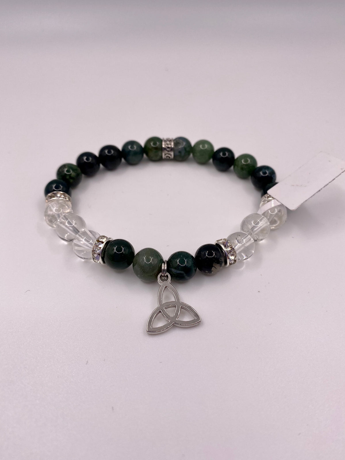Celtic Triquetra Bracelet with Green Moss Agate and Clear Quartz