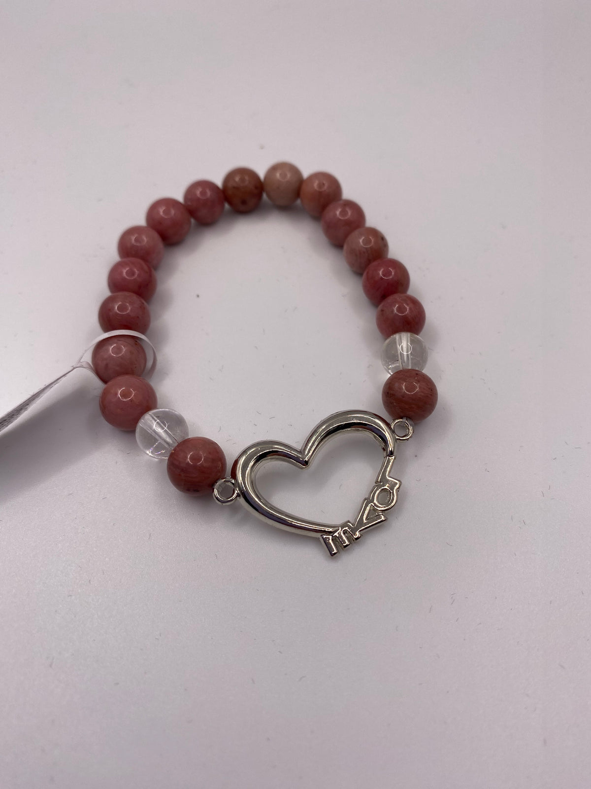Clear Quartz & Rhodonite Love Heart Bracelet