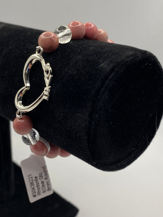 Clear Quartz & Rhodonite Love Heart Bracelet